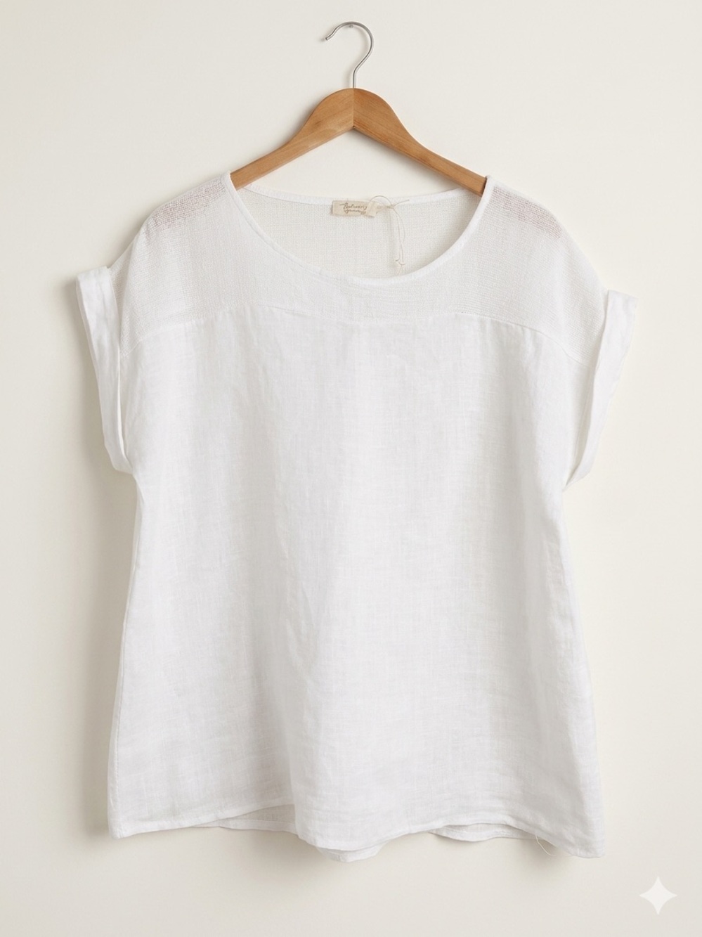 Bellambra Italy White Linen Cotton Crochet Yoke Mixed Media Blouse Top Sz L Boho